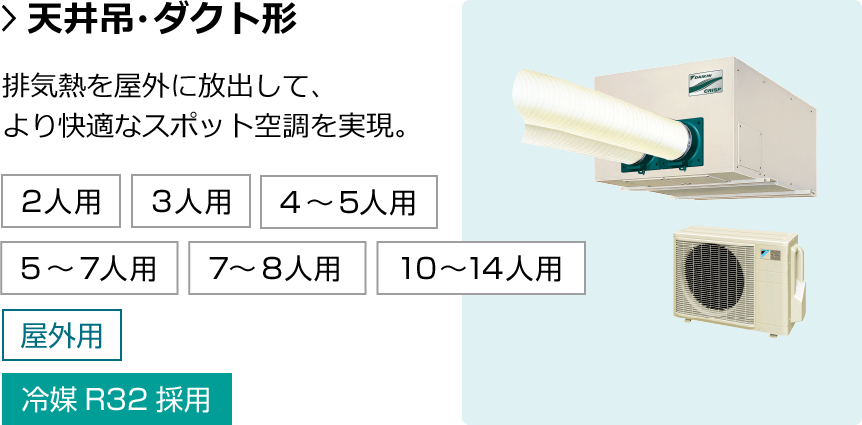 天井吊・ダクト形。排気熱を屋外に放出して、より快適なスポット空調を実現。対応人数：2人用・3人用・4～5人用・5～7人用・7～8人用・10～14人用 設置箇所：屋外 冷媒：冷媒R32採用