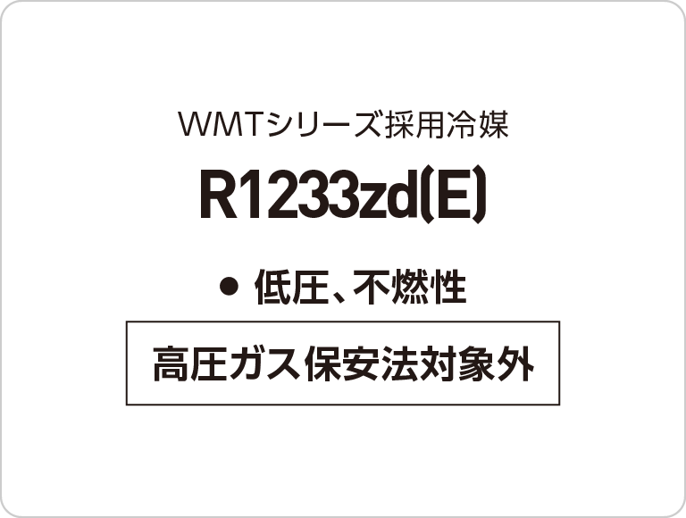 高圧ガス保安法対象外●低圧、不燃性R1233zd(E)WMTシリーズ採用冷媒