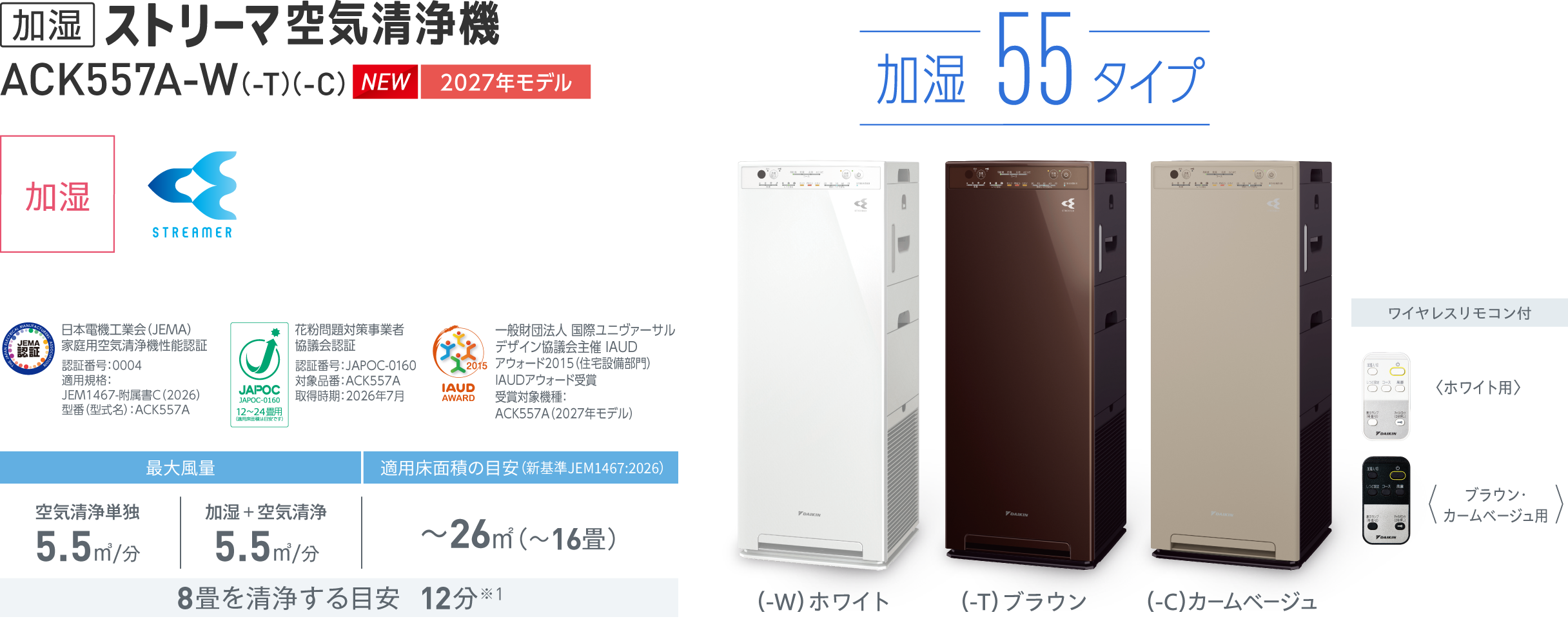 加湿ストリーマ空気清浄機 ACK557A（-W）（-T）（-C）、加湿・Twin Streamer