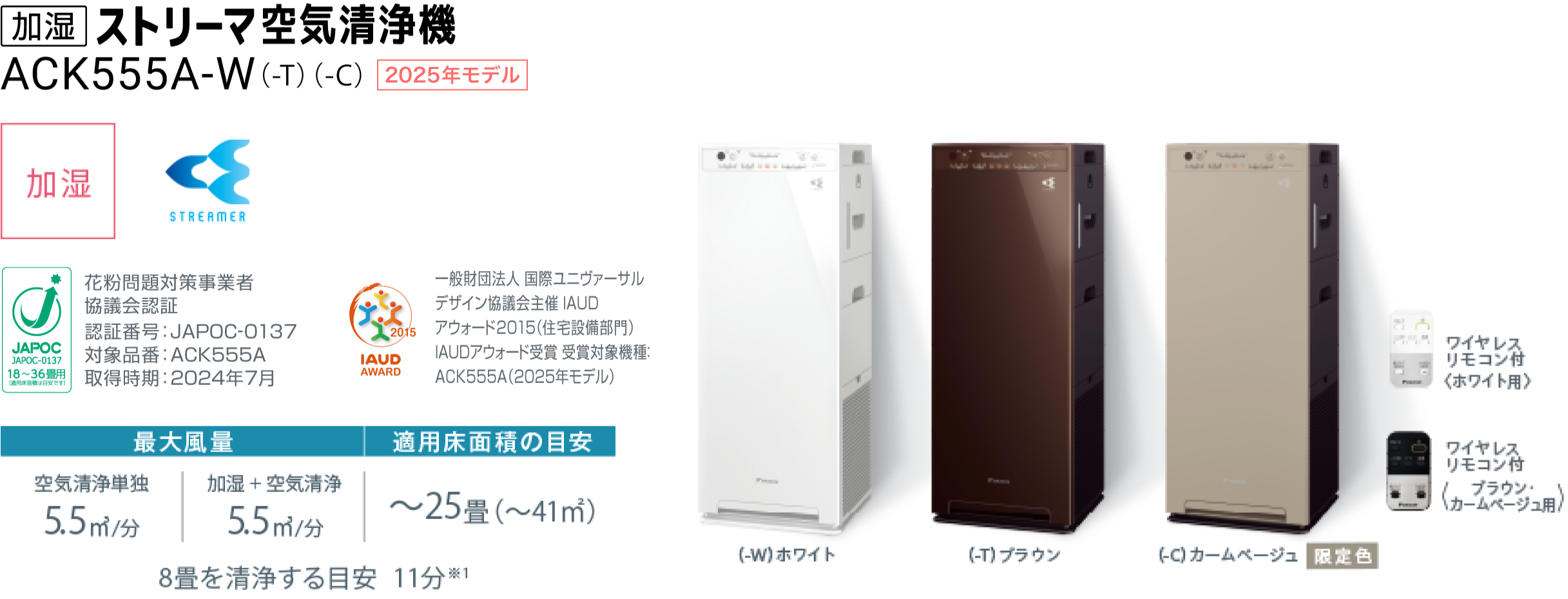 加湿ストリーマ空気清浄機 ACK555A（-W）（-T）（-C）、加湿・Twin Streamer