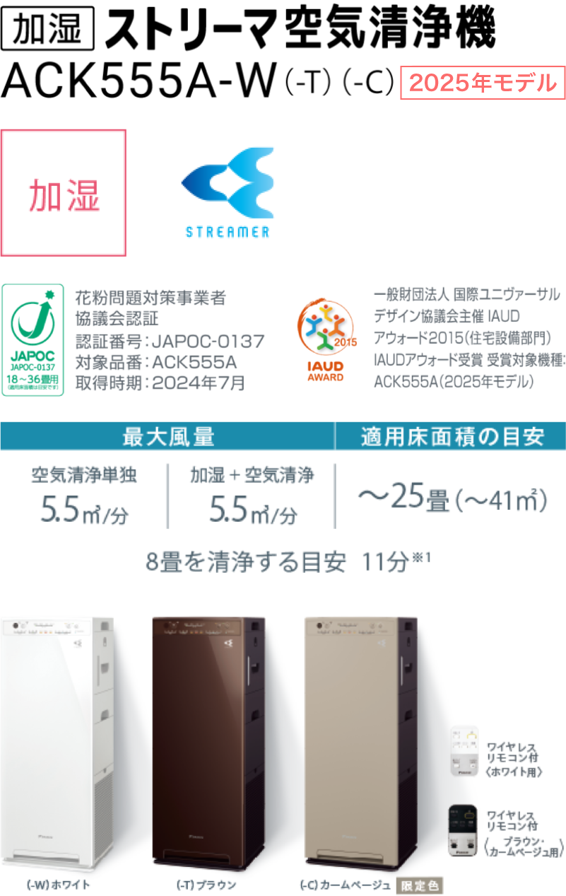 加湿ストリーマ空気清浄機 ACK555A（-W）（-T）（-C）、加湿・Twin Streamer