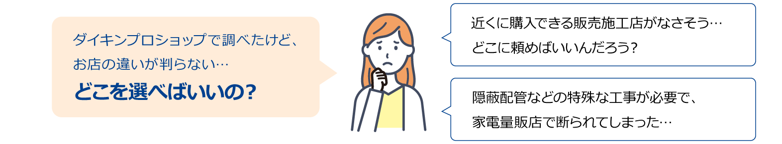 「近くに購入できる販売施工店がなさそう…どこに頼めばいいんだろう？」「隠蔽配管などの特殊な工事が必要で、家電量販店で断られてしまった…」