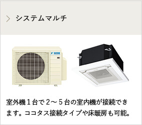 システムマルチ 室外機１台で２〜５台の室内機が接続できます。ココタス接続タイプや床暖房も可能。