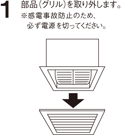 1、部品（グリル）を取り外します。※感電事故防止のため、必ず電源を切ってください。