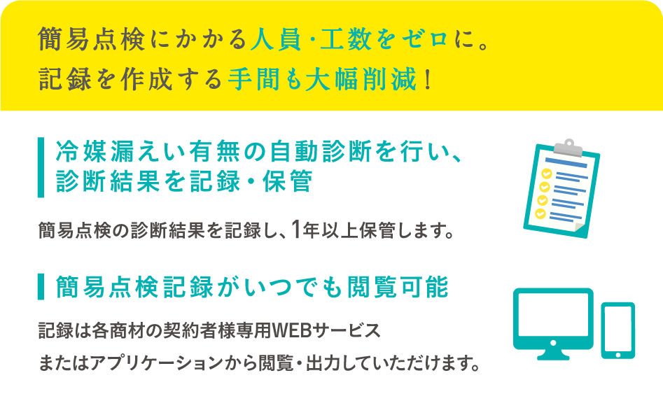 簡易点検にかかる人員・工数をゼロに。記録を作成する手間も大幅削減！冷媒漏えい有無の自動診断を行い、診断結果を記録・保管。簡易点検の診断結果を記録し、1年以上保管します。簡易点検記録がいつでも閲覧可能。記録は各商材の契約者様専用WEBサービスまたはアプリケーションから閲覧・出力していただけます。