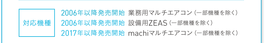 対応機種：2006年以降発売開始  業務用マルチエアコン（一部機種を除く）／2006年以降発売開始  設備用ZEAS（一部機種を除く）／2017年以降発売開始  machiマルチエアコン（一部機種を除く）