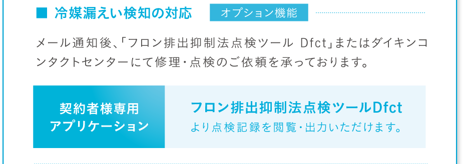 ■ 冷媒漏えい検知の対応[オプション機能]メール通知後、「フロン排出抑制法点検ツール Dfct」またはダイキンコンタクトセンターにて修理・点検のご依頼を承っております。【契約者様専用アプリケーション】フロン排出抑制法点検ツールDfctより点検記録を閲覧・出力いただけます。