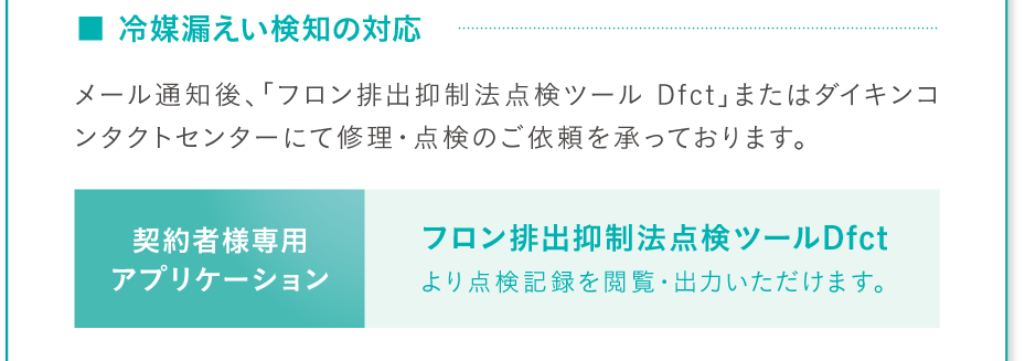 ■ 冷媒漏えい検知の対応：メール通知後、「フロン排出抑制法点検ツール Dfct」またはダイキンコンタクトセンターにて修理・点検のご依頼を承っております。【契約者様専用アプリケーション】フロン排出抑制法点検ツールDfctより点検記録を閲覧・出力いただけます。