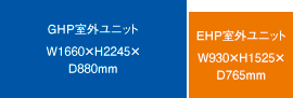 GHP室外ユニット W1660×H2245×D880mm／EHP室外ユニット W930×H1525×D765mm