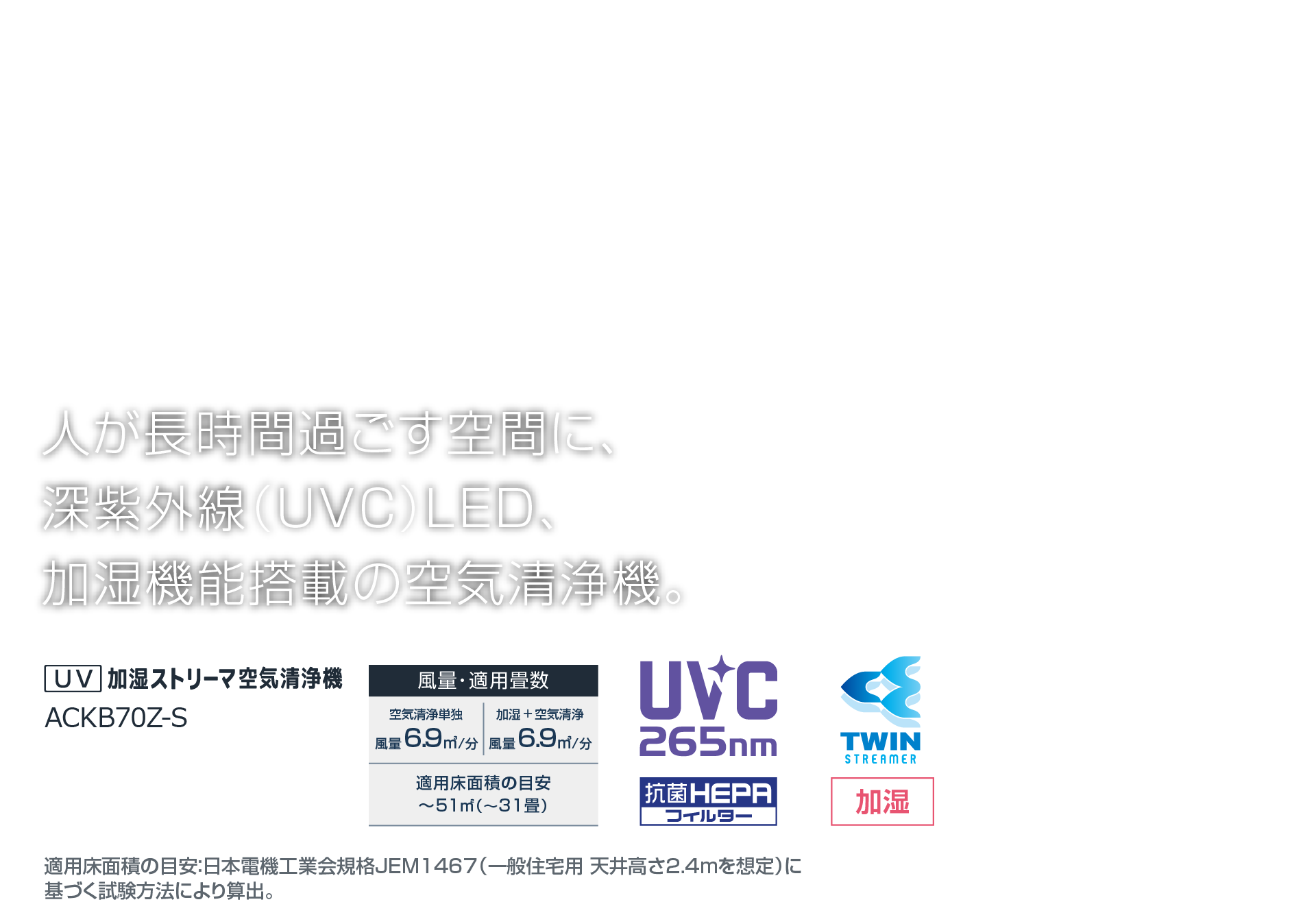 人が長時間過ごす空間に、深紫外線（UVC） LED、加湿機能搭載の空気清浄機。
