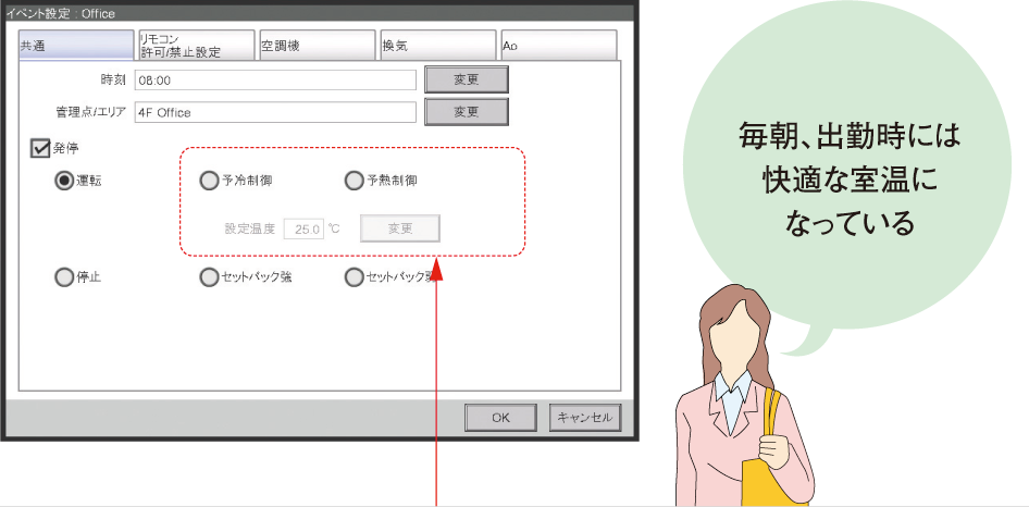 省エネ・快適制御設定画面「毎朝、出勤時には快適な室温になっている」
