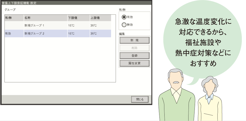 室温上下限保証機能設定画面「急激な温度変化に対応できるから、福祉施設や熱中症対策などにおすすめ」