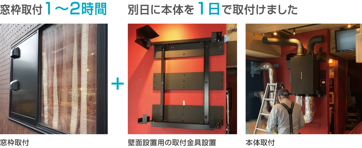 窓枠取付1～２時間+別日に本体を1日で取付ました。