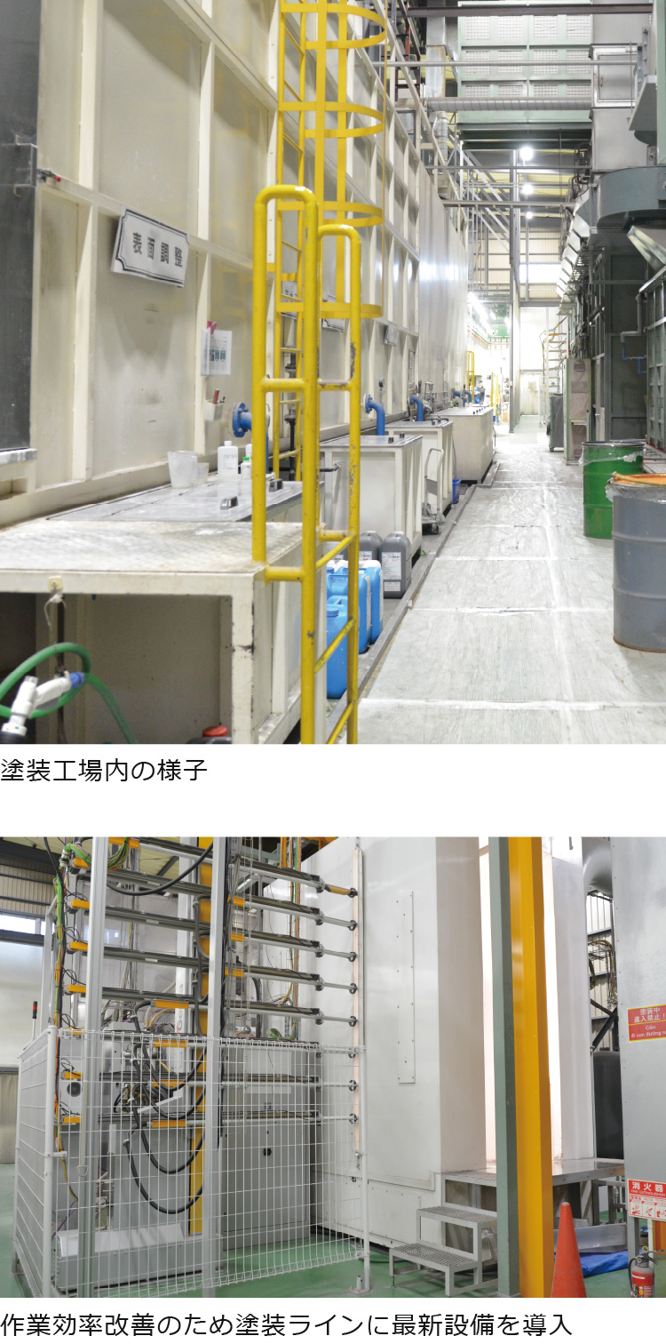 塗装工場内の様子／作業効率改善のため塗装ラインに最新設備を導入