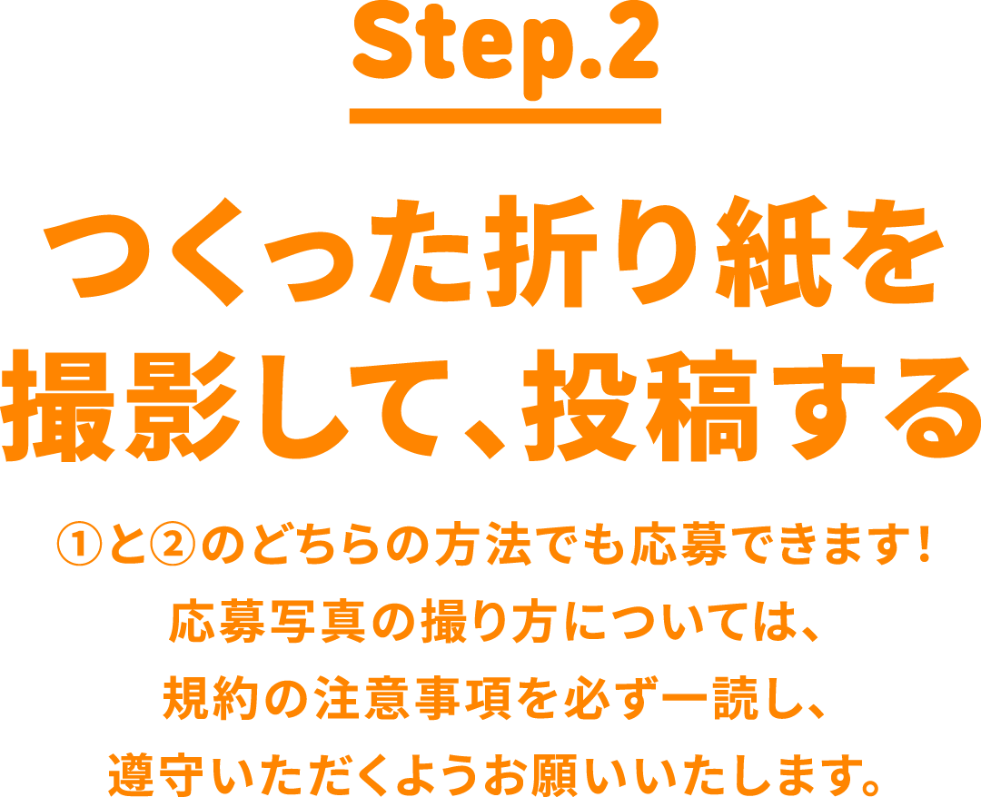 STEP2は、つくった折り紙を撮影して、投稿する。①と②のどちらの方法でも応募できます!応募写真の撮り方については、規約の注意事項を必ず一読し、遵守いただくようお願いいたします。
