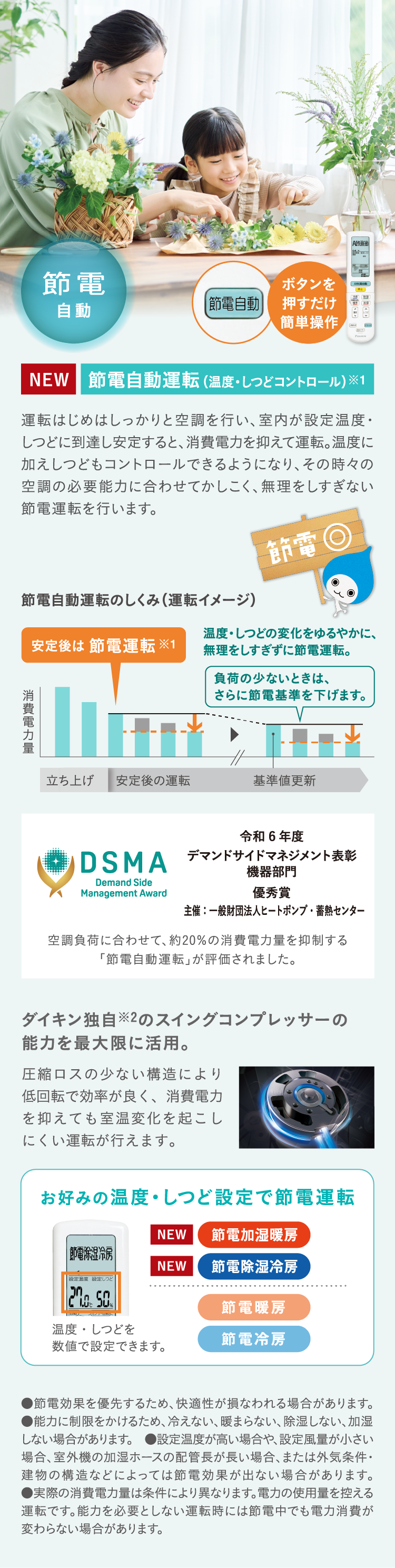 設定温度・湿度に達したら、消費電力を抑えた効率的な節電運転を行う『節電自動運転』。