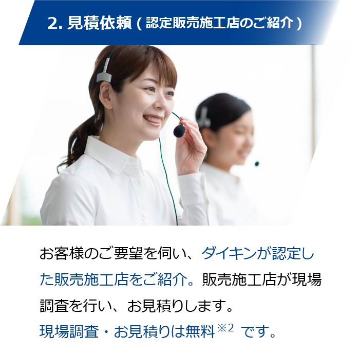2.見積依頼(認定販売施工店のご紹介)／お客様のご要望を伺い、ダイキンが認定した販売施工店をご紹介。販売施工店が現場調査を行い、お見積もりします。現場調査・お見積りは無料です。※２