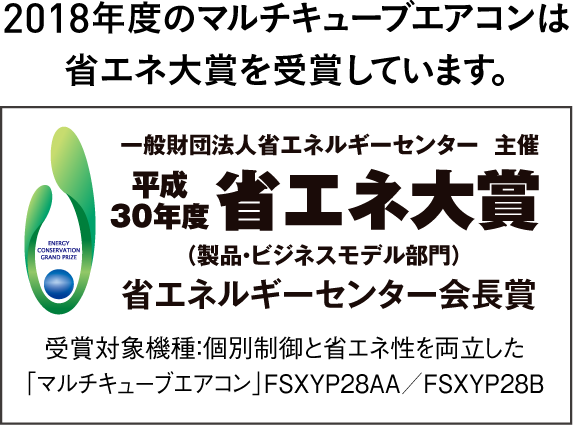 2018年度のマルチキューブエアコンは省エネ大賞を受賞しています。一般財団法人省エネルギーセンター  主催 平成30年度省エネ大賞（製品・ビジネスモデル部門）省エネルギーセンター会長賞 受賞対象機種：個別制御と省エネ性を両立した「マルチキューブエアコン」FSXYP28AA／FSXYP28B