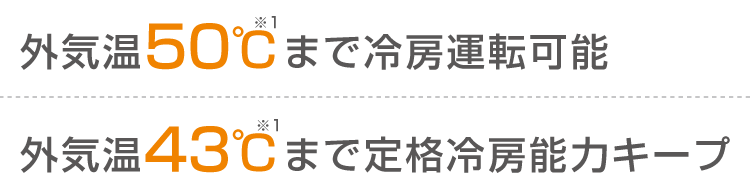 外気温50℃まで冷房運転可能※1 外気温43℃まで定格冷房能力キープ※1