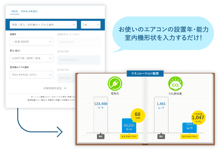 カンタン電気代試算ツールどこでもパートナーのイメージ図。お使いのエアコンの設置年・能力室内機形状を入力するだけ！