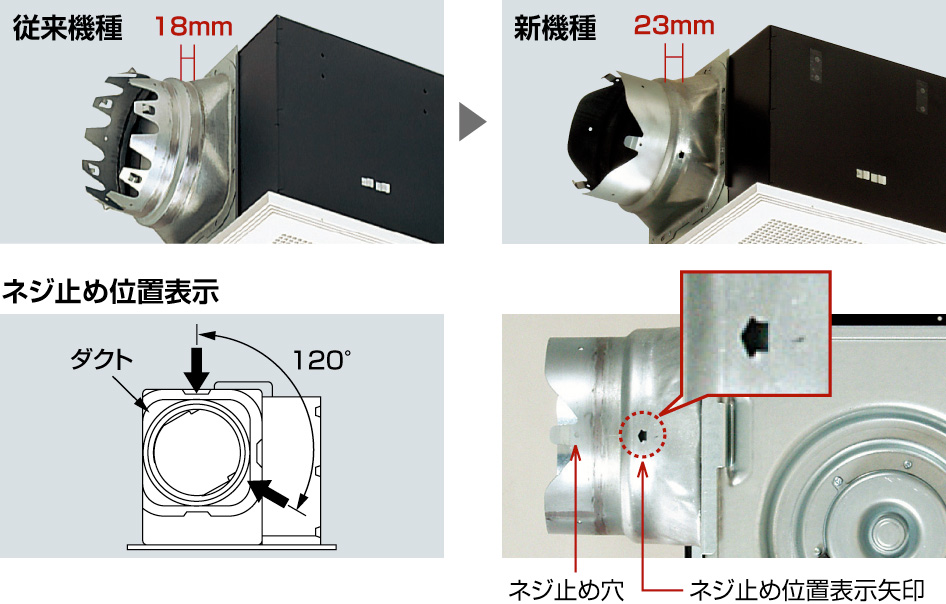 従来機種→新機種／ネジ止め位置表示