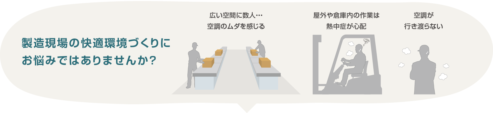 製造現場の快適環境づくりにお悩みではありませんか？広い空間に数人…空調のムダを感じる。屋外や倉庫内の作業は熱中症が心配。空調が行き渡らない。