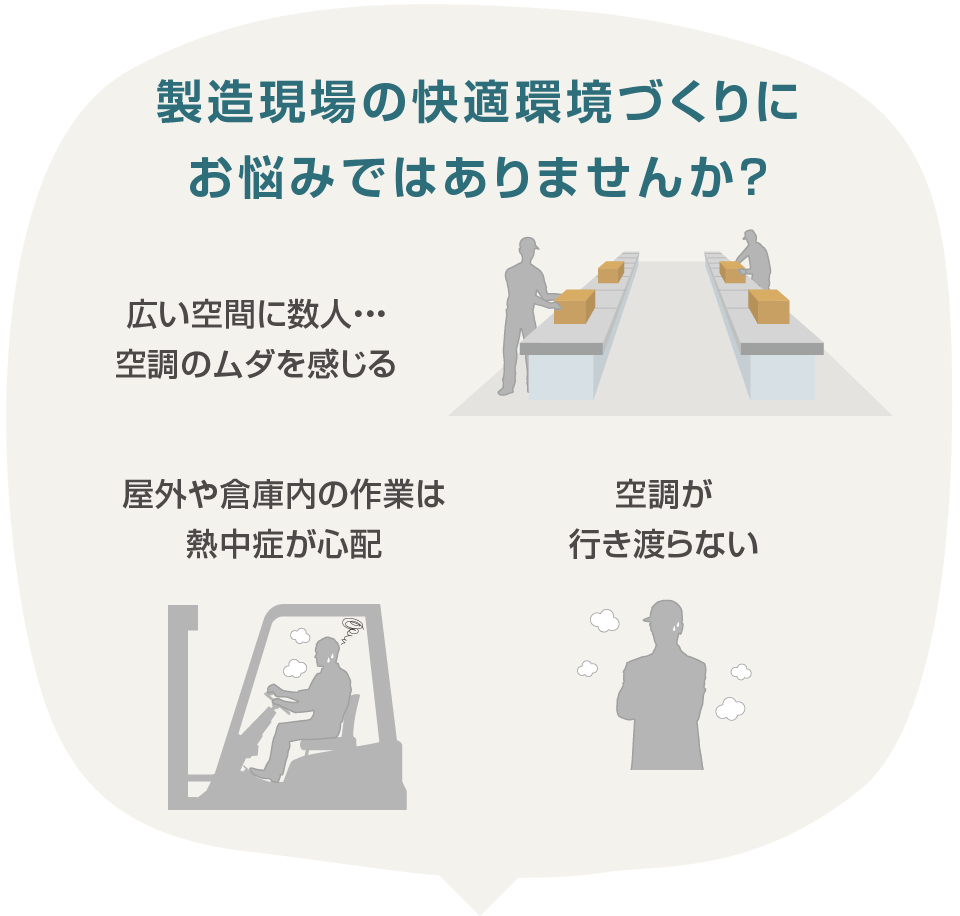 製造現場の快適環境づくりにお悩みではありませんか？広い空間に数人…空調のムダを感じる。屋外や倉庫内の作業は熱中症が心配。空調が行き渡らない。