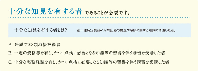 十分な知見を有する者であることが必要です。「十分な知見を有する者とは？」→第一種特定製品の冷媒回路の構造や冷媒に関する知識に精通した者。A. 冷媒フロン類取扱技術者／B. 一定の資格等を有し、かつ、点検に必要となる知識等の習得を伴う講習を受講した者／C. 十分な実務経験を有し、かつ、点検に必要となる知識等の習得を伴う講習を受講した者