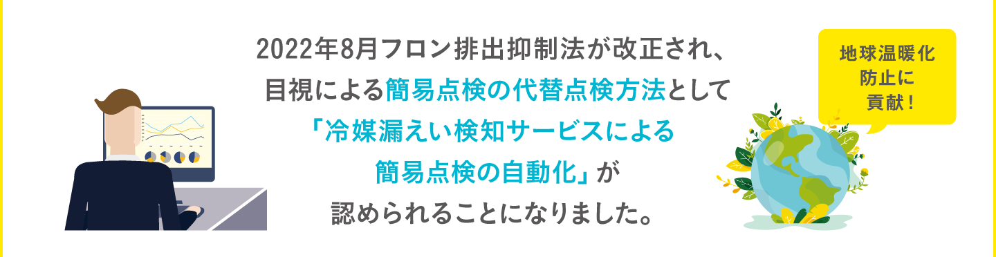 2022年8月フロン排出抑制法が改正され、目視による簡易点検の代替点検方法として「冷媒漏えい検知サービスによる簡易点検の自動化」が認められることになりました。