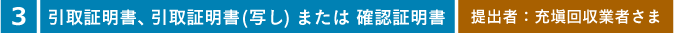 引取証明書、引取証明書(写し) または 確認証明書。提出者：充塡回収業者さま