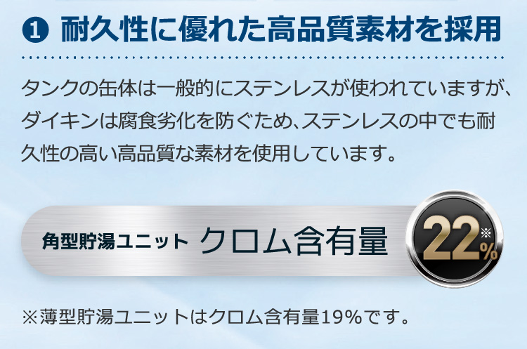 耐久性に優れた高品質素材を採用。タンクの缶体は一般的にステンレスが使われていますが、ダイキンは腐食劣化を防ぐため、ステンレスの中でも耐久性の高い高品質な素材を使用しています。角型貯湯ユニットクロム含有量 22％ ※薄型貯湯ユニットはクロム含有量19%です。