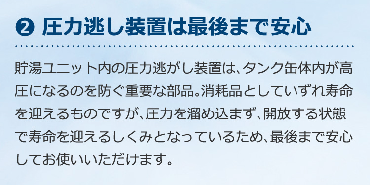 圧力逃し装置は最後まで安心。貯湯ユニット内の圧力逃がし装置は、タンク缶体内が高圧になるのを防ぐ重要な部品。消耗品としていずれ寿命を迎えるものですが、圧力を溜め込まず、開放する状態で寿命を迎えるしくみとなっているため、最後まで安心してお使いいただけます。