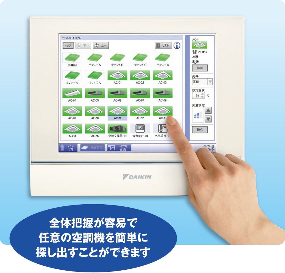 全体把握が容易で任意の空調機を簡単に探し出すことができます