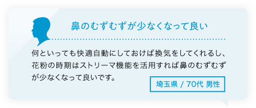 鼻のむずむずが少なくなって良い　何といっても快適自動にしておけば換気をしてくれるし、花粉の時期はストリーマ機能を活用すれば鼻のむずむずが少なくなって良いです。埼玉県/70代男性