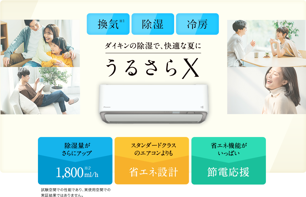 換気※1 除湿 冷房 ダイキンの除湿で、快適な夏にうるさらX　除湿量がさらにアップ　1,800m/h※2（試験空間での性能であり、実使用空間での実証結果ではありません。）　スタンダードクラスのエアニュンよりも省エネ設計　省エネ機能がいっぱい　節電応援　試験空間での性能であり、実使用空間での実証結果ではありません。