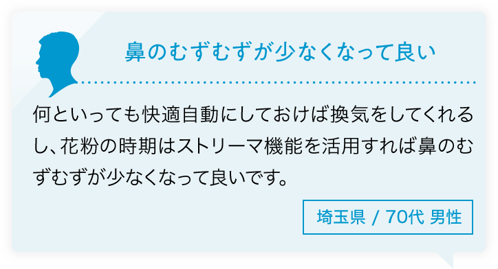 鼻のむずむずが少なくなって良い　何といっても快適自動にしておけば換気をしてくれるし、花粉の時期はストリーマ機能を活用すれば鼻のむずむずが少なくなって良いです。埼玉県/70代男性