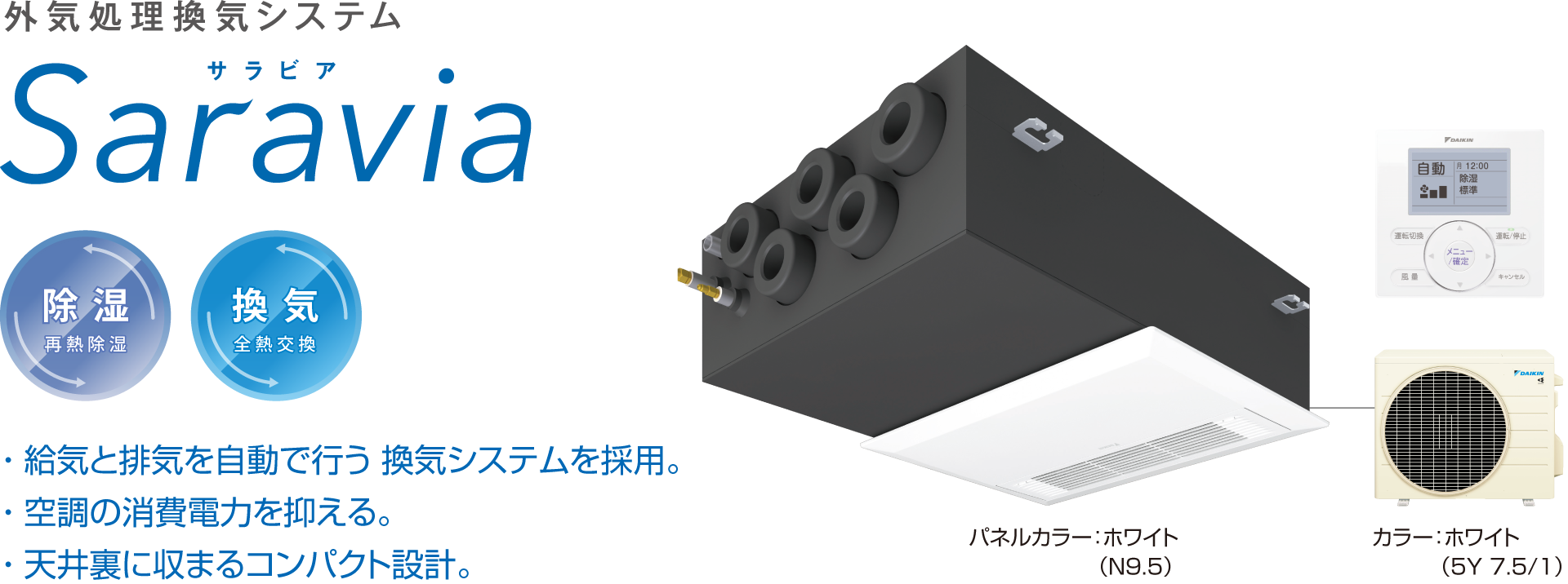 外気処理換気システム Saravia(サラビア) ・給気と排気を自動で行う 換気システムを採用。空調の消費電力を抑える。天井裏に収まるコンパクト設計。