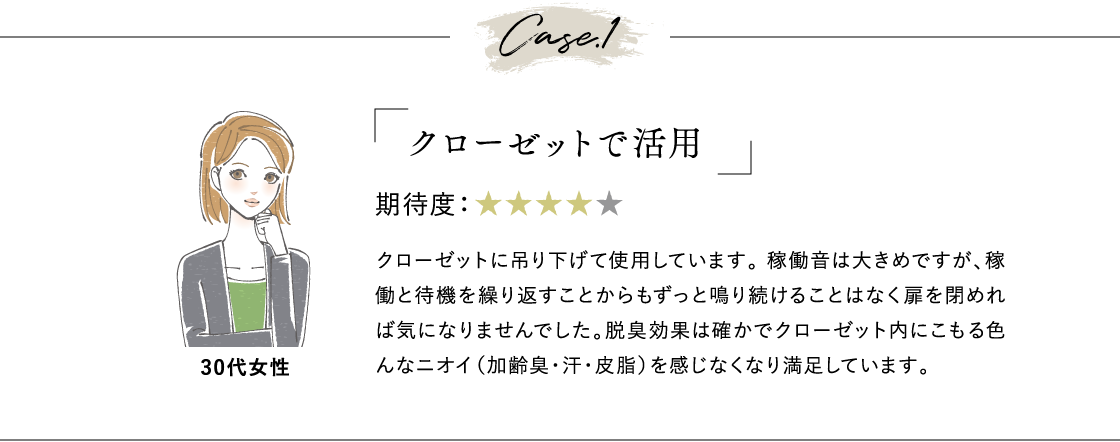 Case.1 クローゼットで活用 期待度:★★★★ クローゼットに吊り下げて使用しています。稼働音は大きめですが、稼働と待機を繰り返すことからもずっと鳴り続けることはなく扉を閉めれば気になりませんでした。脱臭効果は確かでクローゼット内にこもる色んなニオイ(加齢臭・汗・皮脂)を感じなくなり満足しています。30代女性(イメージ)