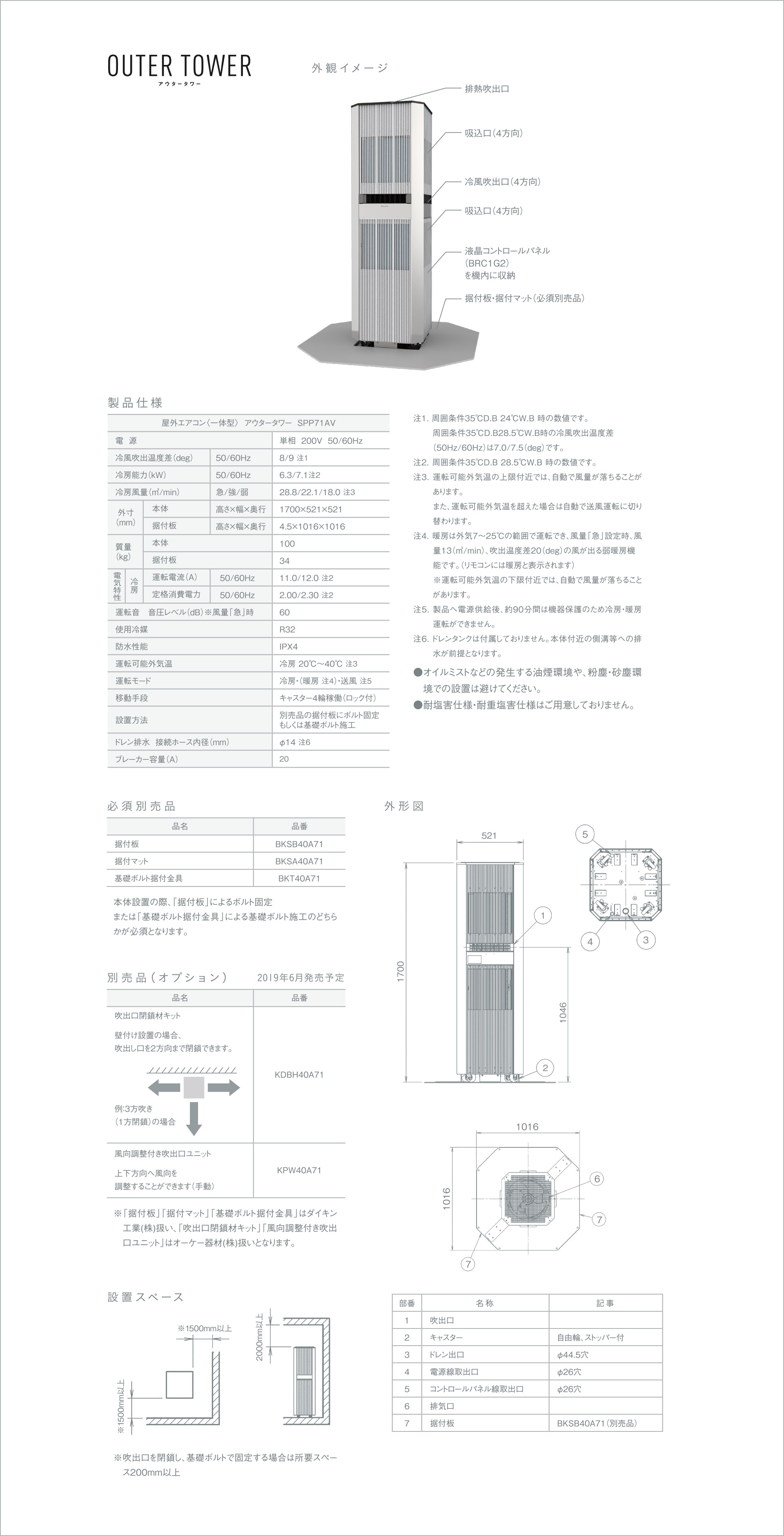 アウタータワー 外観イメージ 製品仕様 必須別売品 別売り品（オプション） 設置スペース 外形図 