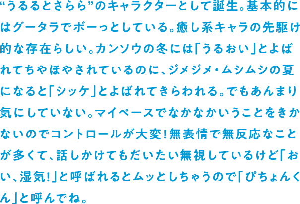 “うるるとさらら”のキャラクターとして誕生。基本的にはグータラでボーっとしている。癒し系キャラの先駆け的な存在らしい。カンソウの冬には「うるおい」とよばれてちやほやされているのに、ジメジメ・ムシムシの夏になると「シッケ」とよばれてきらわれる。でもあんまり気にしていない。マイペースでなかなかいうことをきかないのでコントロールが大変!無表情で無反応なことが多くて、話しかけてもだいたい無視しているけど「おい、湿気!」と呼ばれるとムッとしちゃうので「ぴちょんくん」と呼んでね。