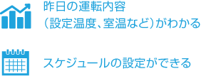 昨日の運転内容（設定温度、室温など）がわかる。スケジュールの設定ができる