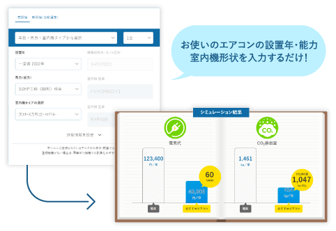 カンタン電気代試算ツールどこでもパートナーのイメージ図。お使いのエアコンの設置年・能力室内機形状を入力するだけ！