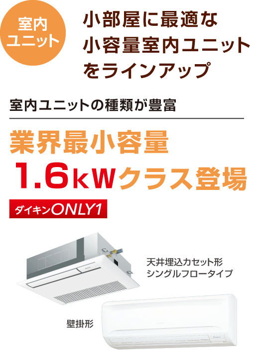室内ユニット：小部屋に最適な小容量室内ユニットをラインアップ。室内ユニットの種類が豊富！業界最小容量1.6kWクラス登場。ダイキンONLY1