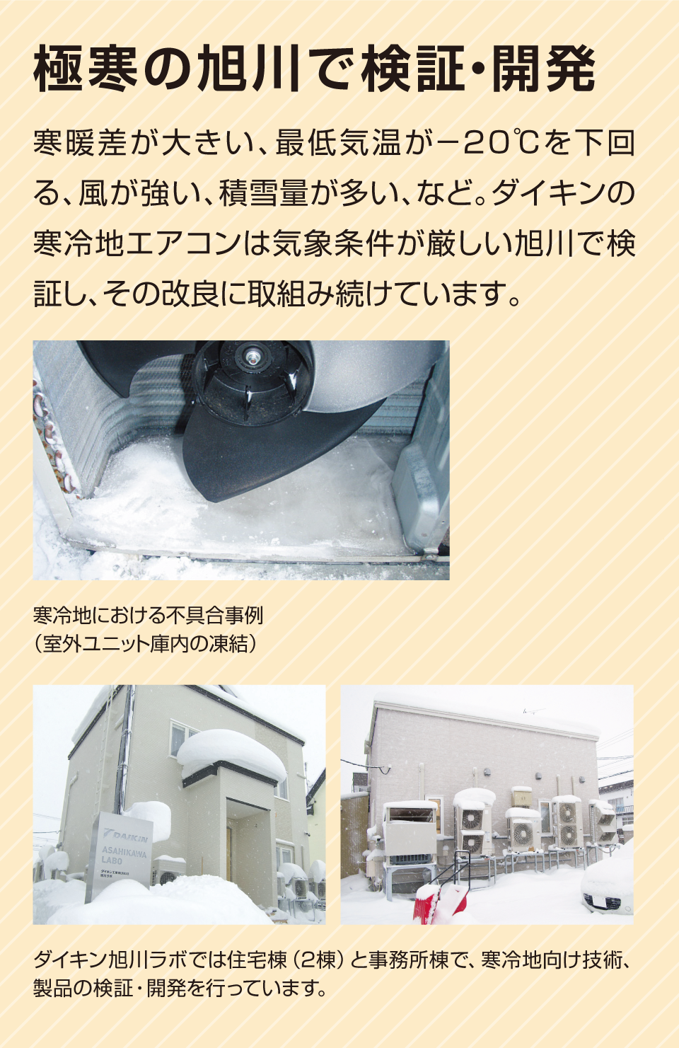 極寒の旭川で検証・開発。寒暖差が大きい、最低気温が－20℃を下回る、風が強い、積雪量が多い、など。ダイキンの寒冷地エアコンは気象条件が厳しい旭川で検証し、その改良に取組み続けています。