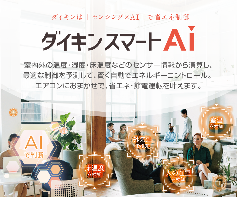 室内外の温度・湿度・床温度などのセンサー情報から演算し、最適な制御を予測して、賢く自動でエネルギーコントロール。エアコンにおまかせで、省エネ・節電運転を叶えます。