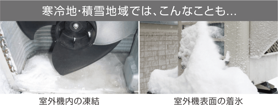 寒冷地・積雪地域では、こんなことも...室外機内の凍結、室外機表面の着氷