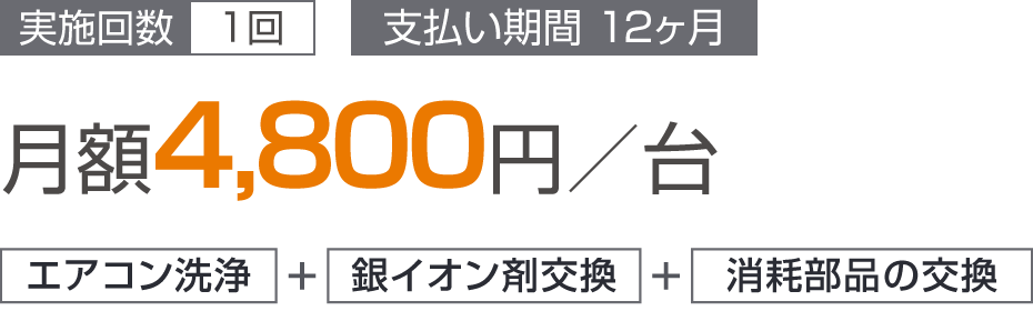 月額4,800円／台 実施回数1回 （支払い期間 12ヶ月）エアコン洗浄+銀イオン剤交換+消耗部品の交換
