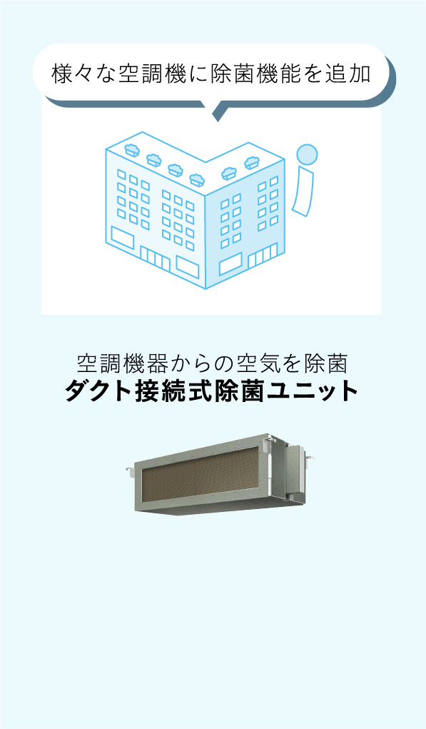 様々な空調機に除菌機能を追加 空調機器からの空気を除菌 ダクト接続式除菌ユニット