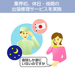 業界初、休日・夜間の出張修理サービスを実施