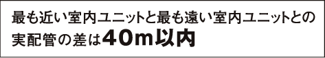 最も近い室内ユニットと最も遠い室内ユニットとの実配管の差は40m以内
